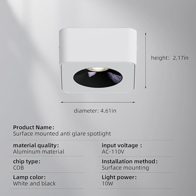 JAYMP Square Modern LED Ceiling Spotlight 3000K Dimmable White Surface Mount Focus Down Light for Living Room Hallway Laundry Room (White, Single Lamp)
