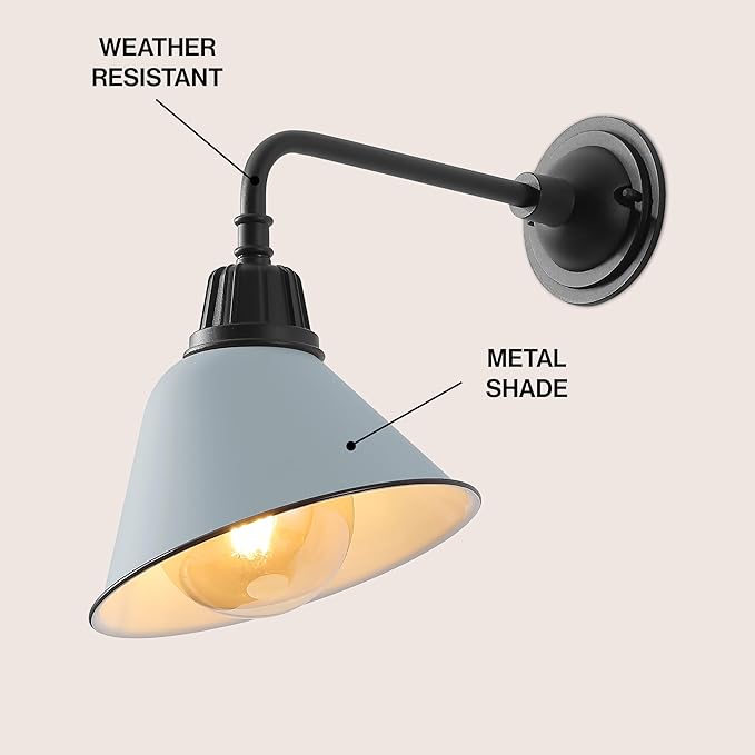JONATHAN Y 9.63" Matte Silver Blue/Black Farmhouse Outdoor Sconce, Industrial LED Wall Light, Gooseneck Arm Barn Lamp with Metal Bell Shade for Porch, Patio, Kitchen, LED Bulb Included (JYL7612K)