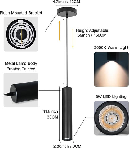 Modern Black Pendant Lights 2 Pack, LED Minimalist Pendant Lighting Fixture for Kitchen Island, Long Tube Hanging Light Cord Adjustable for Living Room Bedroom Dining Room Bar