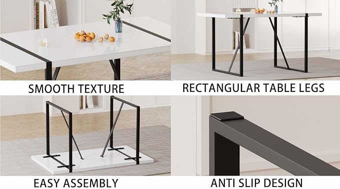 55" Stain-Resistant Dining Table, Kitchen Table with Metal Legs, Dinner Tables with Stable Frame for Dining Room & Living Space, White