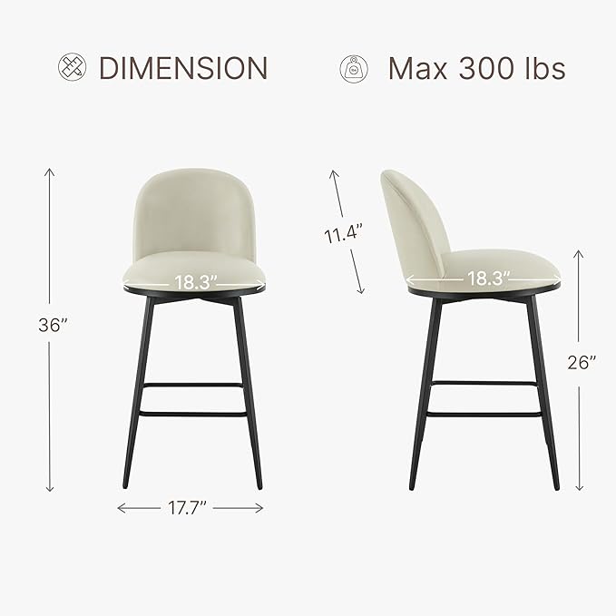 KISLOT Counter Height Swivel Bar Stools Set of 2, 26" Upholstered Faux Leather Barstools with Backs and Metal Legs for Kitchen Island,Cream