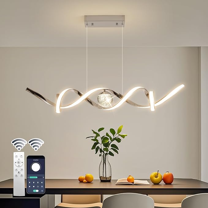 ORANOOR LED Modern Chandeliers for Dining Room, 39in Dimmable Chrome Chandelier Kitchen Pendant Lighting Over Island, Linear Wave Spiral Pendant Light Fixtures Dining Room Lights Ceiling Hanging, 36W