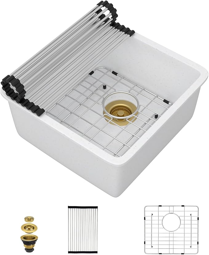 17"x17" White Undermount Bar Sink - Granite Composite Single Bowl Classic Quartz Under Counter Sink for RV, Kitchen Bar, Boat, and Outdoor #TLGU-133