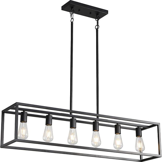 41'' Dining Room Light Fixture, 6-Light Black Chandeliers for Dining Room, Linear Kitchen Light Fixtures, Modern & Farmhouse Style, Rectangle, Height Adjustable (E26, Metal)