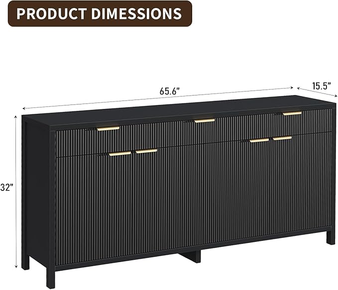 Yanosaku 66" W Fluted Buffet Cabinet, Sideboard Storage Cabinet with 3 Drawers & 2 Cabinets, Mid-Century Coffee Bar Table for Living Room, Black