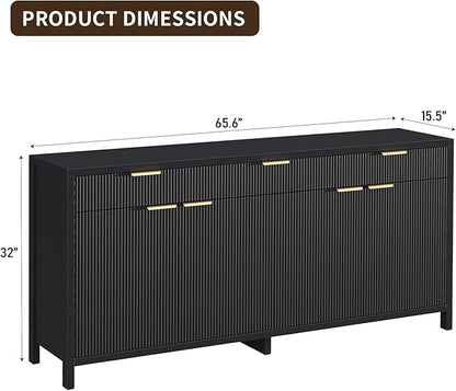 Yanosaku 66" W Fluted Buffet Cabinet, Sideboard Storage Cabinet with 3 Drawers & 2 Cabinets, Mid-Century Coffee Bar Table for Living Room, Black