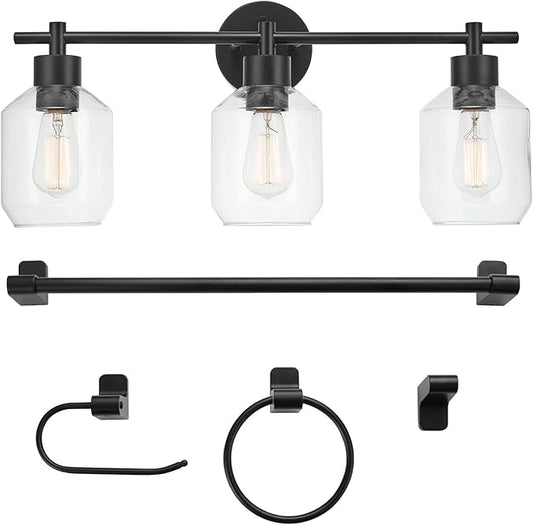 Globe Electric 65556 All-in-One 5-Piece Bathroom Set, Matte Black Finish, 3-Light Vanity with Clear Glass Shades, Towel Ring, Toilet Paper Holder, Robe Hook, and Towel Bar, Modern Bathroom Lighting