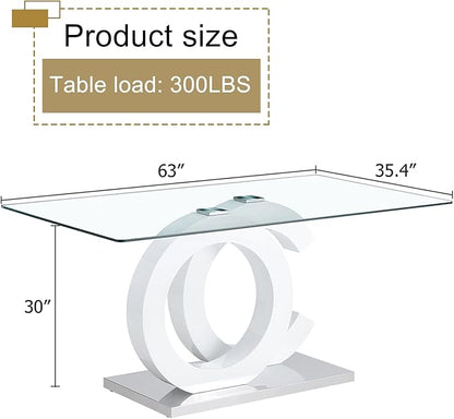 Ebullient 63" Glass Dining Table, Modern Rectangular Glass Kitchen Table, Tempered Glass Top with White OC Design Base Dining Room Table for 4-6，Kitchen