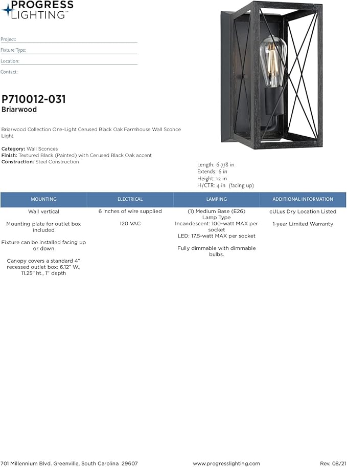 Progress Lighting 1-Light Farmhouse Wall Sconce Light Cerused Black Oak, Briarwood Collection, Indoor, P710012-031, Textured Black