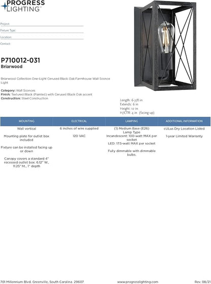 Progress Lighting 1-Light Farmhouse Wall Sconce Light Cerused Black Oak, Briarwood Collection, Indoor, P710012-031, Textured Black