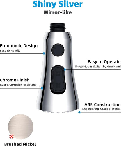 Hibbent Pull Down Kitchen Faucet Head Replacement, 3-Function NSF/ANSI/CAN 61 & CUPC Certified Sink Spray Nozzle, 15 Adapters, Compatible with Moen, Delta, Kohler Faucets, Chrome (Shiny Silver)