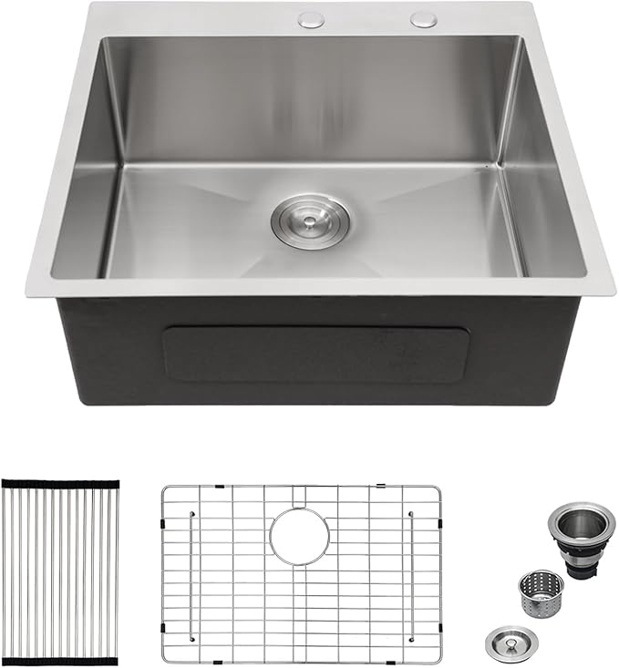 Mocoloo 25 Inch Drop In Kitchen Sink - 25 x 22 Stainless Steel Kitchen Sinks Topmount 16 Gauge Single Bowl Above Counter Handmade Sink, 10'' Deep Basin