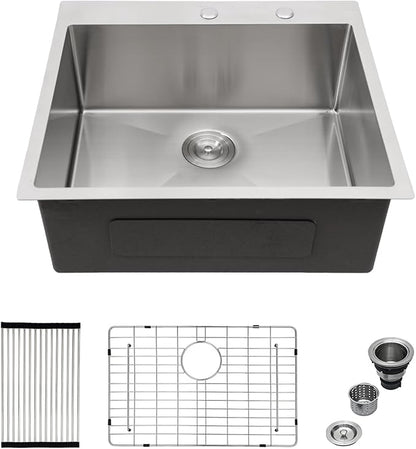 Mocoloo 25 Inch Drop In Kitchen Sink - 25 x 22 Stainless Steel Kitchen Sinks Topmount 16 Gauge Single Bowl Above Counter Handmade Sink, 10'' Deep Basin