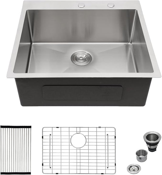 Mocoloo 25 Inch Drop In Kitchen Sink - 25 x 22 Stainless Steel Kitchen Sinks Topmount 16 Gauge Single Bowl Above Counter Handmade Sink, 10'' Deep Basin