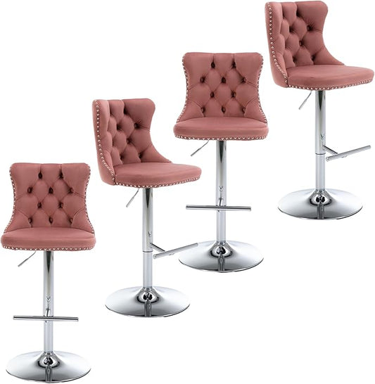 Rhomtree Velvet Swivel Bar Stools Upholstered Bar Stool with Button Tufted Back and Pull Ring Height Adjustable Barstools 25-33 Inch for Home Pub and Kitchen Island (Pink with Silver Base, Set of 4)