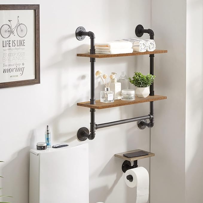 IBUYKE Pipe Floating Shelves,Rustic Iron 28.5 inches Industrial Pipe Shelf,2-Tier Wall Shelf with Towel Bar,Wall Mount Bookshelf for Bedroom,Kitchen,Living Room,Bathroom URF-TM014