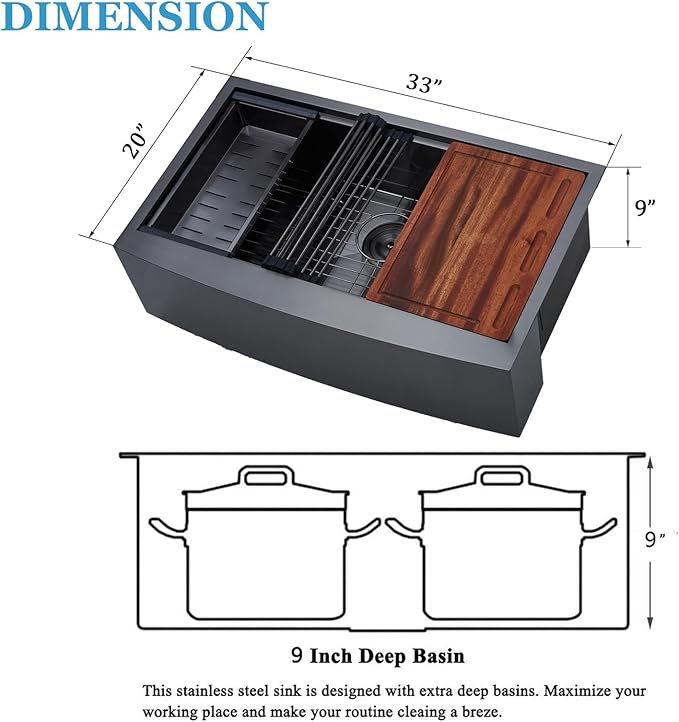 33 Inch Black Farmhouse Sink, Undermount Stainless Steel Apron Front Farm Kitchen Sink Single Bowl Workstation 16 Gauge 33x20x9 with Accessories