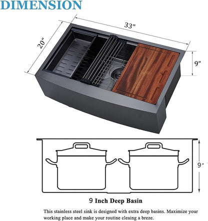 33 Inch Black Farmhouse Sink, Undermount Stainless Steel Apron Front Farm Kitchen Sink Single Bowl Workstation 16 Gauge 33x20x9 with Accessories