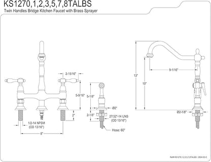 Kingston Brass KS1278TALBS Tudor 8 Inch Center Kitchen Faucet With Brass Sprayer, Brushed Nickel, 8-3/4 inch in Spout Reach, Brushed Nickel