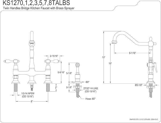 Kingston Brass KS1270TALBS Two-Handle 4-Hole Deck Mount Bridge Kitchen Faucet with Brass Sprayer in Matte Black
