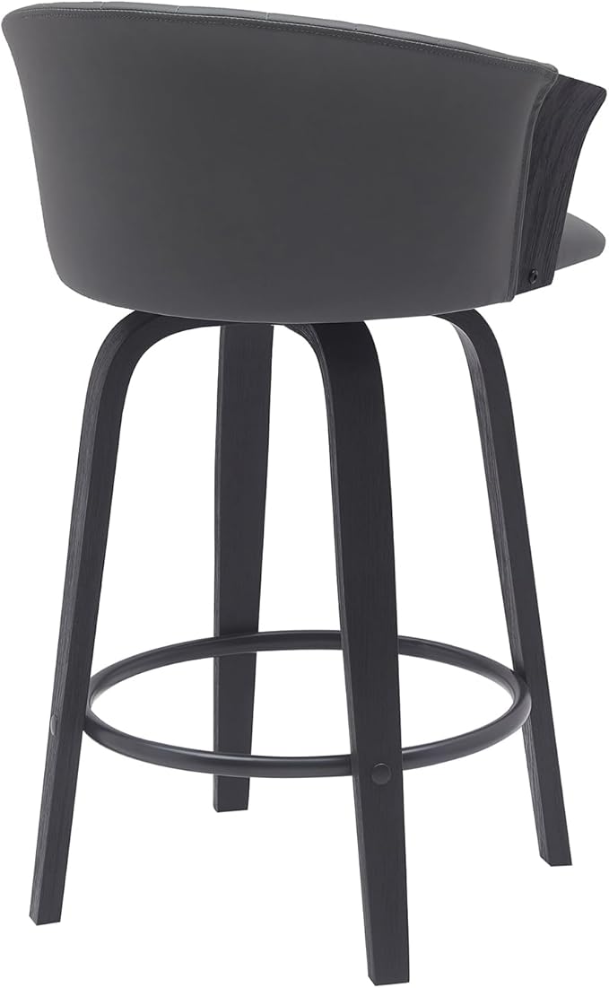 Armen Living Diana 26" Seat Height Mid Century Modern Swivel Black Wood Bar Stool for Kitchen Island Counter in Gray Faux Leather