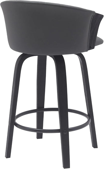 Armen Living Diana 26" Seat Height Mid Century Modern Swivel Black Wood Bar Stool for Kitchen Island Counter in Gray Faux Leather