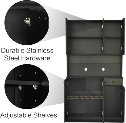 DMAITH 71" Black Kitchen Pantry Cabinets with Microwave Stand, 6 Doors & 3 Adjustable Shelves, Freestanding China Cabinet Hutch, Buffet Cabinet with Storage