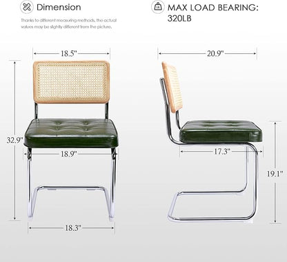 Zesthouse Natural Rattan Dining Chairs Set of 4, Modern Dining Room Chairs with Solid Wood Back for Kitchen Living Room, Mid Century Breuer Design Inspired, Upholstered Faux Leather Green