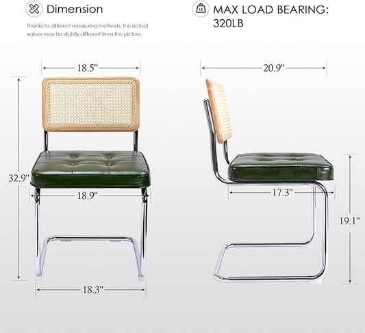 Zesthouse Natural Rattan Dining Chairs Set of 4, Modern Dining Room Chairs with Solid Wood Back for Kitchen Living Room, Mid Century Breuer Design Inspired, Upholstered Faux Leather Green