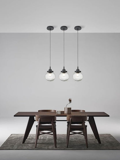 Yosoan 1-Light Vintage Industrial Kitchen Hanging Pendant Light Fixture, Single Hardwired Indoor Vanity Retro Textured Striped Round Glass Shade Small Lamp for Dinning Room Living Room Island(Black)