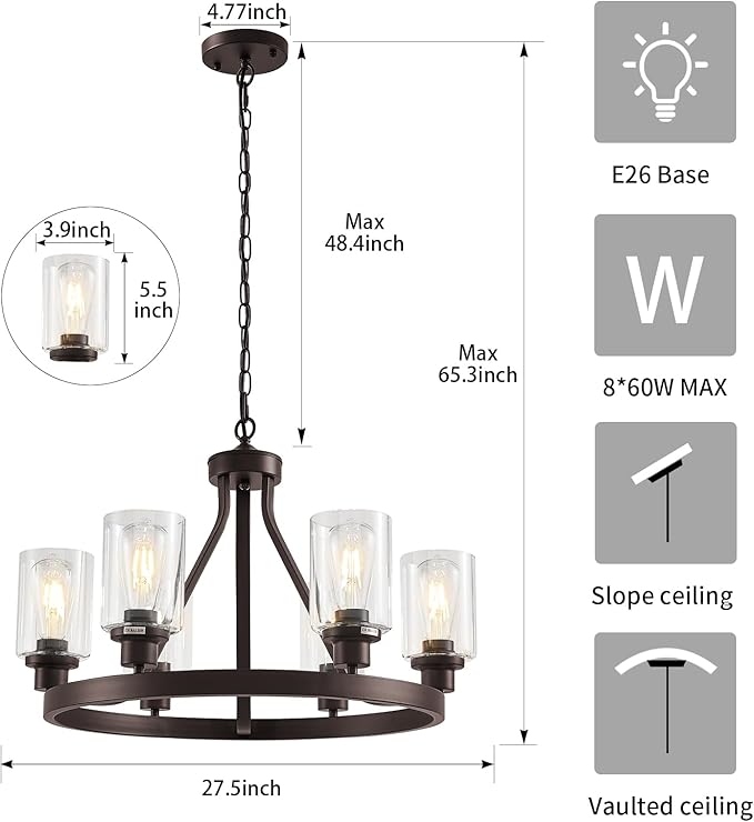 Lanhall 6-Light Farmhose Chandelier for Dining Room Light Fixture Oil Rubbed Bronze Kitchen Pendant Light Round Rustic Ceiling Hanging Lighting with Glass Globes Adjustable Height Metal E26