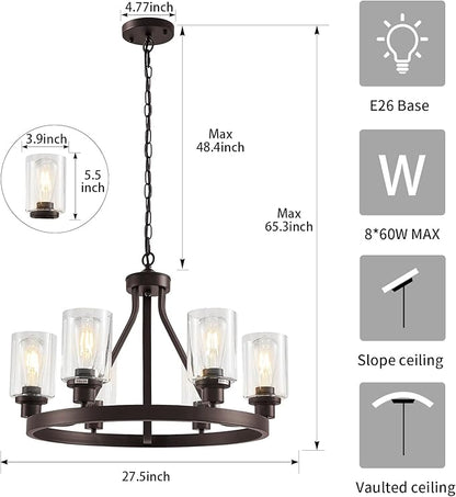 Lanhall 6-Light Farmhose Chandelier for Dining Room Light Fixture Oil Rubbed Bronze Kitchen Pendant Light Round Rustic Ceiling Hanging Lighting with Glass Globes Adjustable Height Metal E26