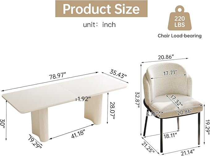 Miuuod 78.97" Extra Large Kitchen & Dining Table Set,with 6 Chairs,Modern Kitchen Table for Dining Room,Table-Island for Big Family,Console Desk with 6 Upholstered Chairs,Cream White