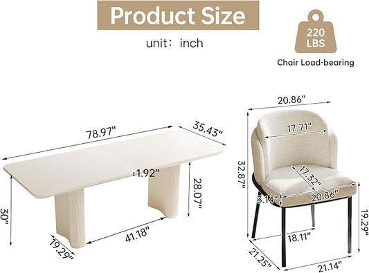 Miuuod 78.97" Extra Large Kitchen & Dining Table Set,with 6 Chairs,Modern Kitchen Table for Dining Room,Table-Island for Big Family,Console Desk with 6 Upholstered Chairs,Cream White