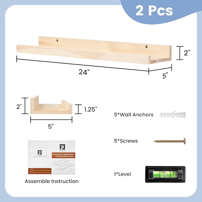 FLYJOE Picture Ledge Shelf for Wall, 24 inch Solid Ash Wood Nursery Book Shelves 2 Packs, Floating Shelves for Kids' Room Bedroom Bathroom Living Room Photo Frames Office Nursey Wall Decor, Natural