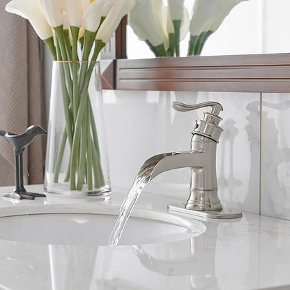 BWE Bathroom Faucet Brushed Nickel Waterfall Single Handle Hole Sink Faucets Bath Vanity Lavatory Vessel Commercial Satin with Water Supply Hose