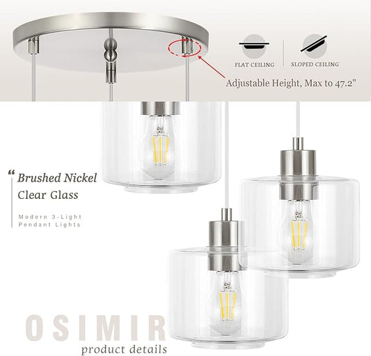 Brushed Nickel Dining Room Chandelier Light Fixture, 3-Light Pendant Lighting with Clear Glass, Modern Kitchen Island Cluster Hanging Pendant Lights for Kitchen Dining Room, OS-YQ8153-3BNC