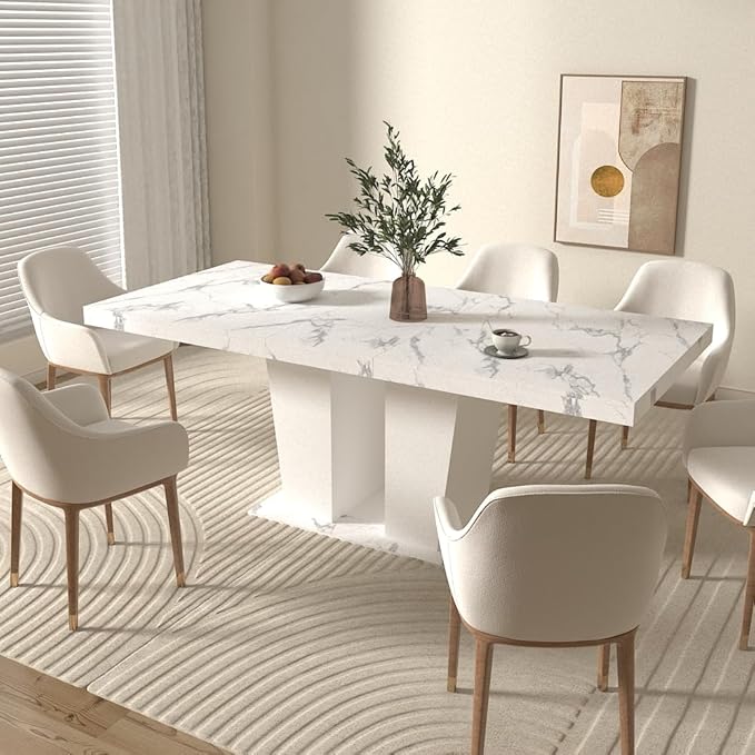 78" Dining Table for 4-10,Modern White Faux Marble Expandable Rectangular Kitchen Table,Long Dining Room Tables with Double Sturdy Pedestal Base for Kitchen Living Room (White Marble)