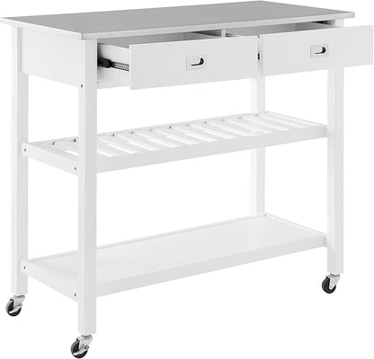 Crosley Furniture Chloe Stainless Steel Top Rolling Kitchen Island Storage Cart, Microwave Stand, Wine Rack, White