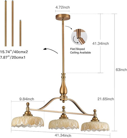 HDDFL Chandeliers Pendant Light Fixture Vintage Pendant Lighting Fixtures 3 Lights Chandelier Kitchen Glass Hanging Lamp for Island Dining Living Room Brass and Brown