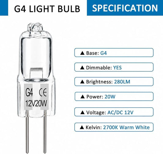 SCNNC JC Type G4 Bulb 12V 20W, Low Voltage Bi-Pin Halogen Light Bulbs for Outdoor Landscape Path Lights, Warm White Replacement Bulbs for Chandeliers, Kitchen Lights, Range Hood, RV Interior, 12 Pack