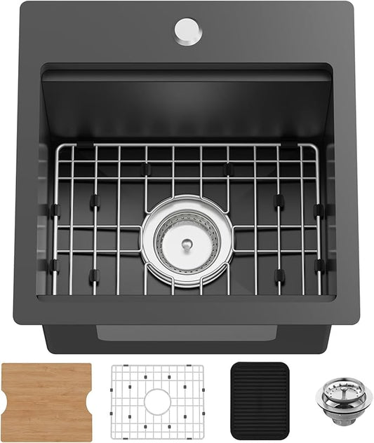 Black 15x15In Kitchen&Bar Workstation Sink- Small Stainless Steel Drop In Single Bowl Bar Sink Built-in Ledge Topmount Workstation Sink With Accessory-SS Grid Cutting Board,Silicon Mat,Drain Assembly