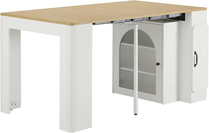 RuiSiSi Extendable Dining Room Table, 15.6”-59”L, Modern Rolling Island Table with Power Outlet, Wooden Kitchen Table with 3 Removable Middle Leaves, Saving-Space Cabinet, Cream White+Natural