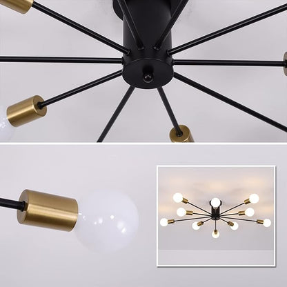 Garwarm Modern Sputnik Ceiling Light, 10-Light Mid Century Sputnik Chandelier Industrial Semi Flush Mount Ceiling Light Fixture for Living Room Kitchen Bedroom Farmhouse Dining Room(Black+Gold)