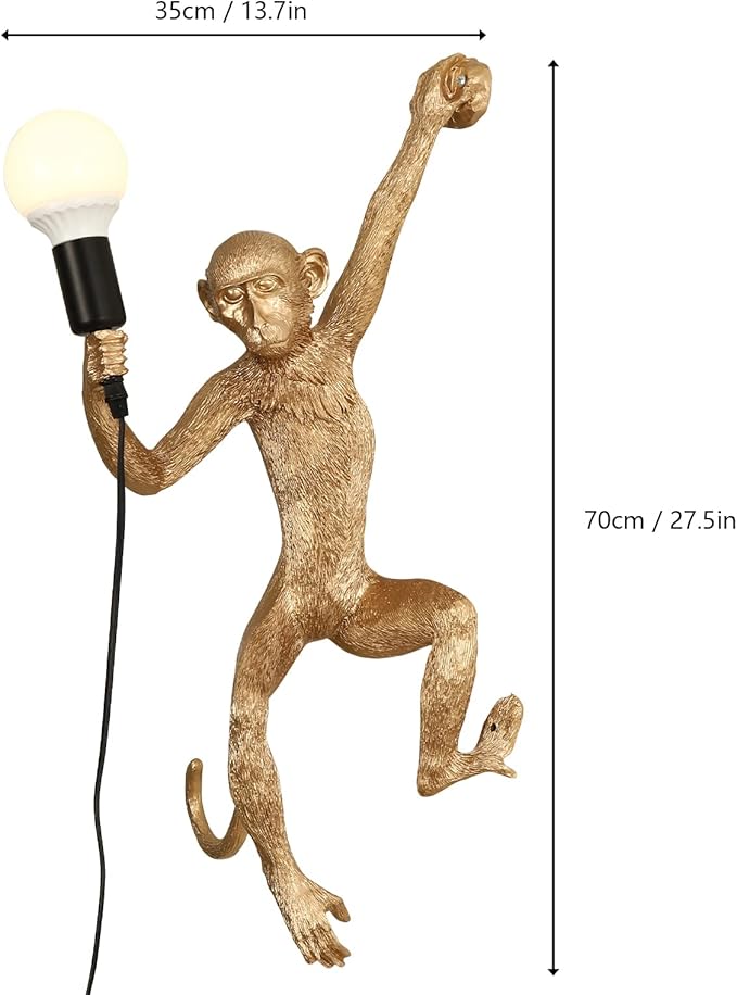 YIYIBYUS Monkey Wall Lamp, Vintage Resin Monkey Form Wall Lamp, Nordic Light Retro Resin Monkey Light Fixture, Modern Wall Lighting E26(Not Included) for Dining Living Room Bedroom (Golden)