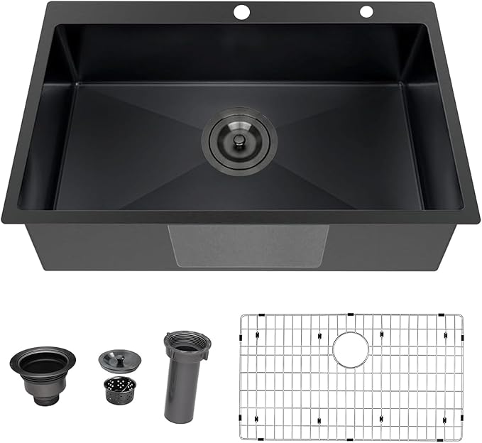 33 x 22 Inch Black Kitchen Sink, Topmount Drop In Stainless Steel Single Bowl Kitchen Sink, 16 Gauge Extra-Thick Modern Bar Prep RV Laundry Sinks with Dish Grid and Basket Strainer,VLSYJ3322BW