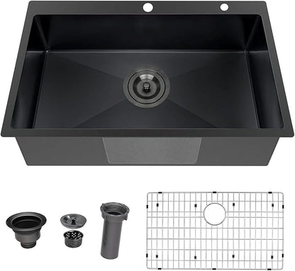 33 x 22 Inch Black Kitchen Sink, Topmount Drop In Stainless Steel Single Bowl Kitchen Sink, 16 Gauge Extra-Thick Modern Bar Prep RV Laundry Sinks with Dish Grid and Basket Strainer,VLSYJ3322BW