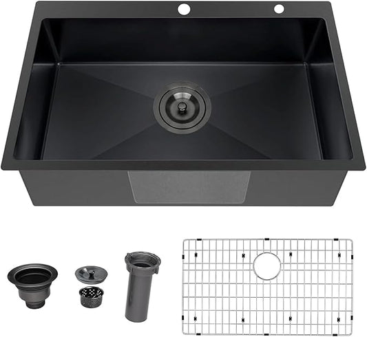 33 x 22 Inch Black Kitchen Sink, Topmount Drop In Stainless Steel Single Bowl Kitchen Sink, 16 Gauge Extra-Thick Modern Bar Prep RV Laundry Sinks with Dish Grid and Basket Strainer,VLSYJ3322BW