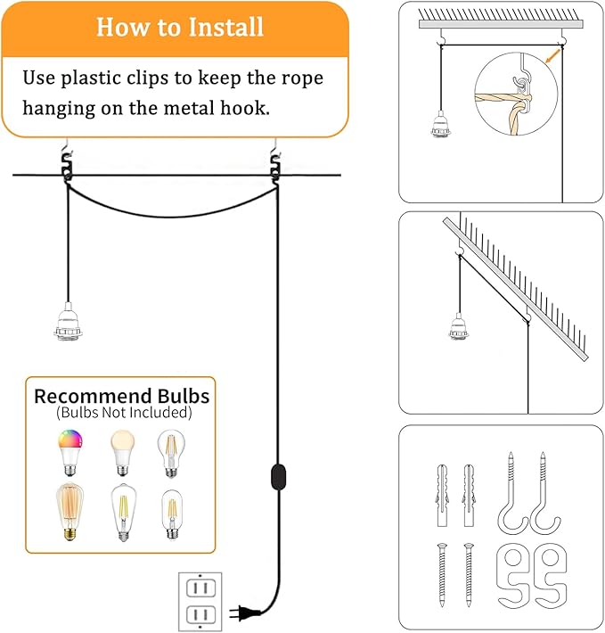 16.4ft Plug in Pendant Light Cord 2-Pack, Farmhouse Hemp Rope Hanging Lights Cord Kit with Switch, Industrial Vintage Plug in Hanging Light Fixture DIY E26 E27 Lamp Socket Cord, No Bulb
