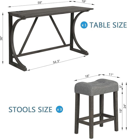 Polibi 4-Piece Farmhouse Counter Height Dining Set,Bar Table and Chairs Set,Bar Table with Power Outlet and 3 Padded Saddle Seat Stools for Living Room,Dining Room,Game Room,Dark Gray